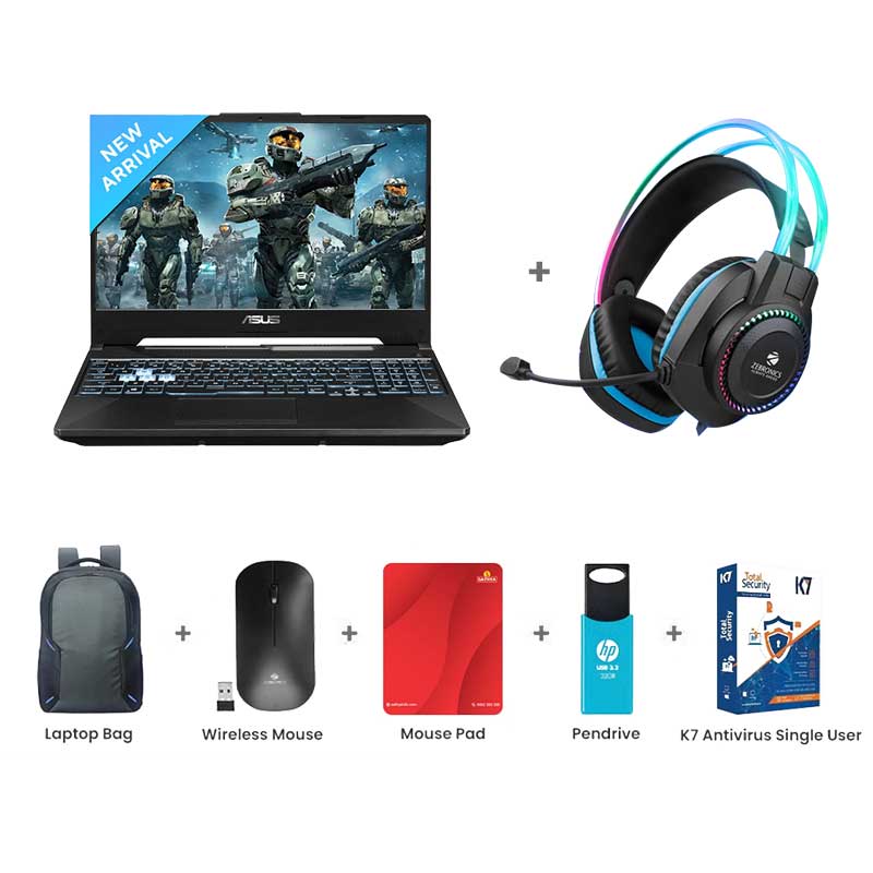 Picture of Asus TUF Gaming A15 - AMD Ryzen 7 7435HS 15.6" (39.62cm) FA566NFR-HN045WS  Gaming Laptop (16GB/ 512GB SSD/ Full HD Display/ Windows 11 Home/ 4 GB Graphics/ MS Office/ NVIDIA GeForce RTX 2050/ 1Year Warranty/ Graphite Black/ 2.30kg)  Zebronics Zeb-Jet Premium Gaming Headphone + Laptop Bag + Wireless Mouse + Mouse Pad + Pendrive + K7 Antivirus Single User